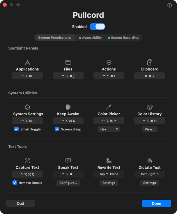The Pullcord settings window: twelve tools grouped into Spotlight Panels,
              System Utilities and Text Tools, each with its keyboard shortcut
