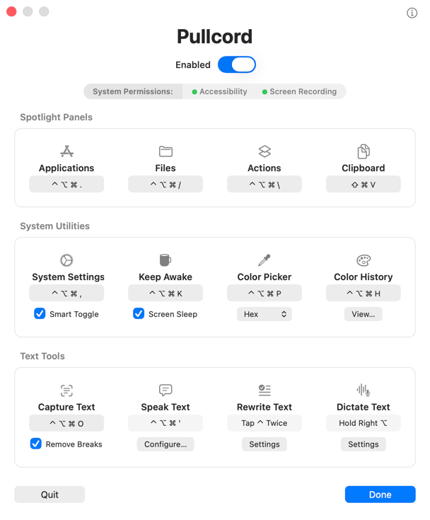 The Pullcord settings window: twelve tools grouped into Spotlight Panels,
              System Utilities and Text Tools, each with its keyboard shortcut
